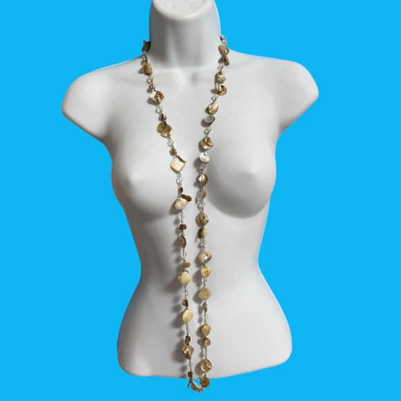 Natural Shells Glass Beads 48" 48" Beachy Bohemian Coastal Long Necklace - Picture 4 of 8